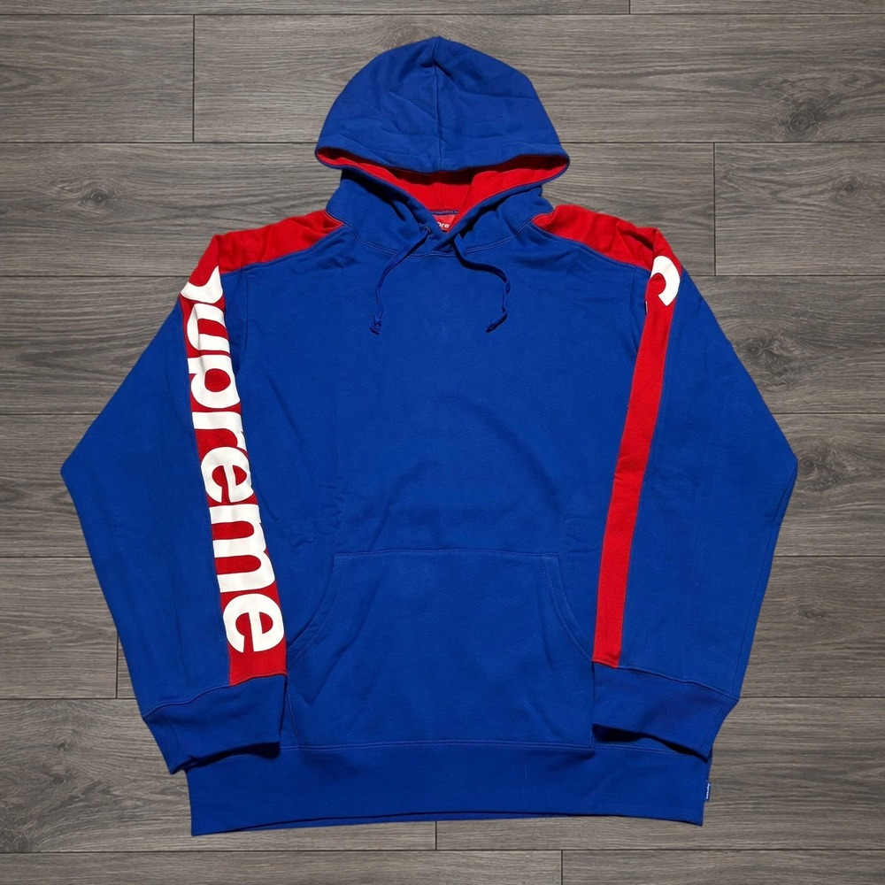Supreme Sideline Hooded Sweatshirt Size Small Blue Red Sleeve Logo Hoodie
